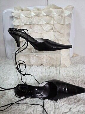 Nannini Black Pointed Lace-Up Slingback Heels with Mid Heel